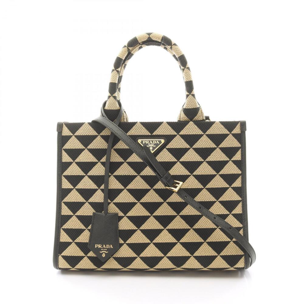 Prada TRIANGOLO JACQU Symbol Embroidery Tote Bag Saffiano Brown Black